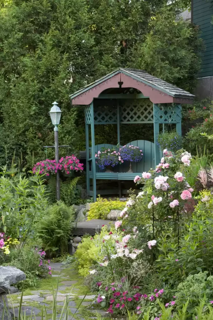 Modern white minimalist gazebo with a built-in bench