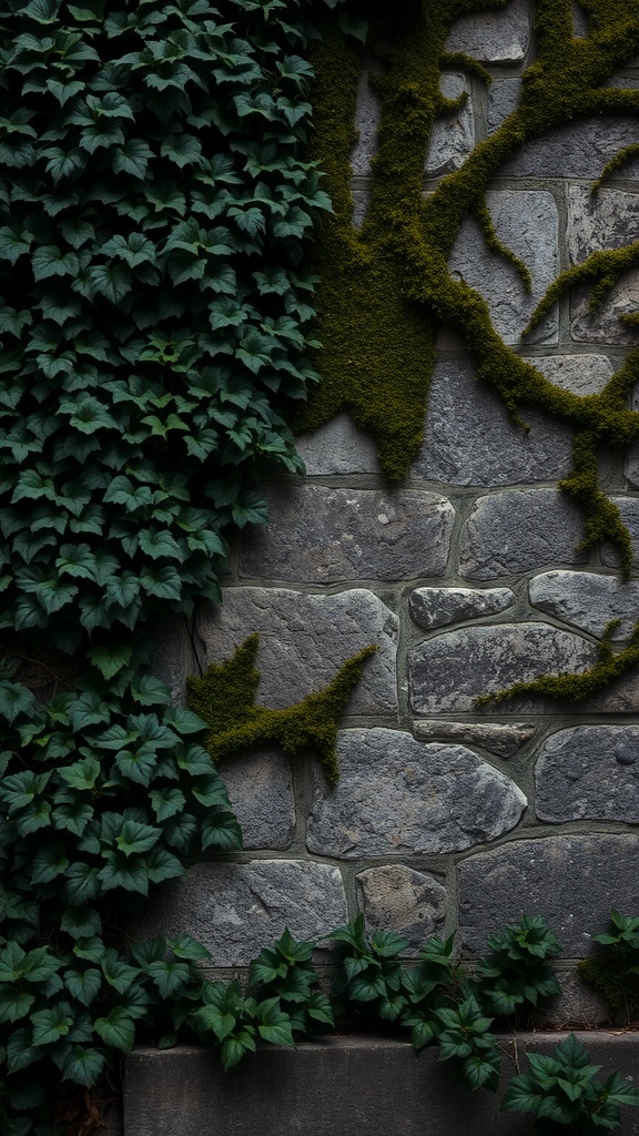 Ancient stone wall covered with ivy and moss