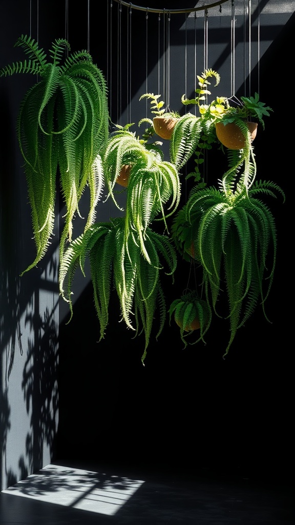 A beautifully arranged setup of hanging ferns in a black room.