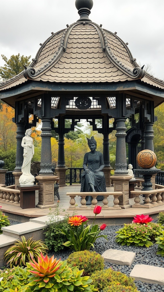 Artistic gazebo featuring unique sculptures and vibrant flowers
