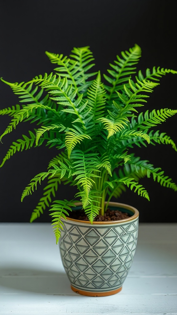 A healthy Bird's Nest Fern in a decorative pot, showcasing its vibrant green leaves.