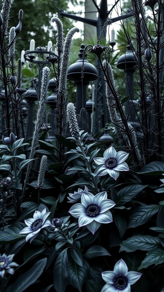 Gothic garden featuring dark foliage and silver accents with striking flowers.