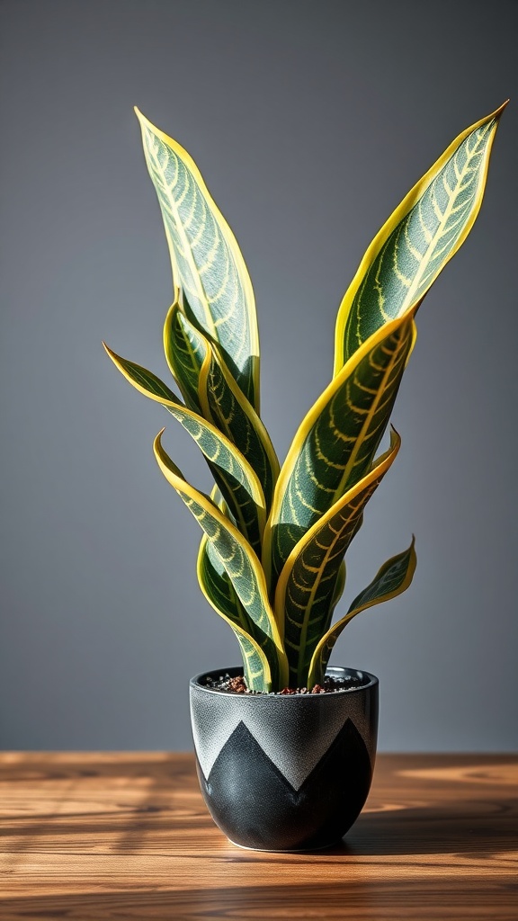 A Black Gold Snake Plant in a stylish pot with vibrant green and yellow leaves.