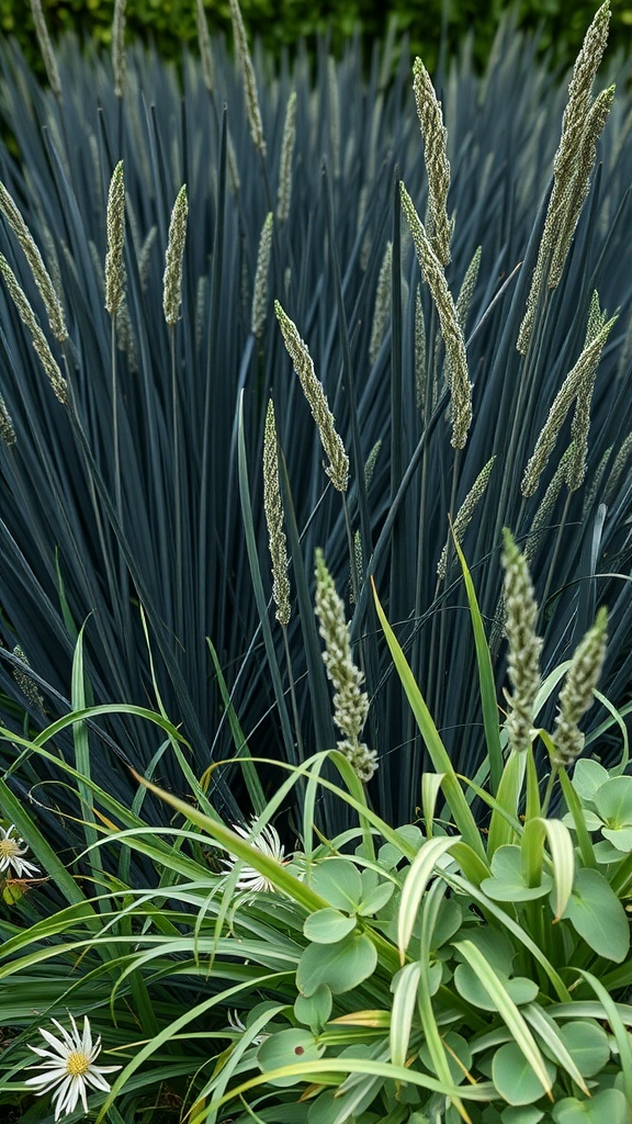 A close-up of Black Mondo Grass with tall flower spikes and green plants around it.