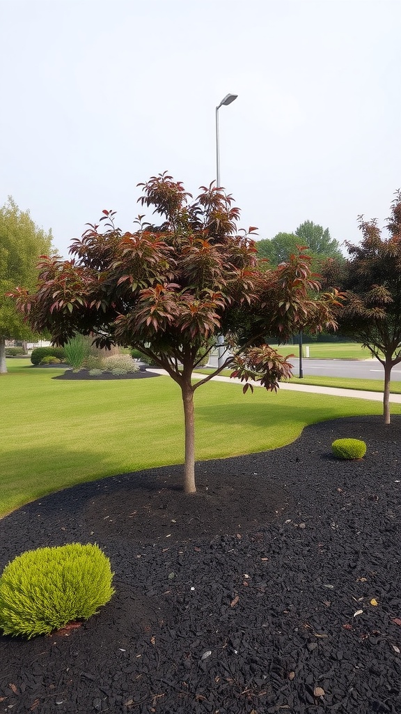A decorative tree surrounded by black mulch and green bushes in a landscaped area.