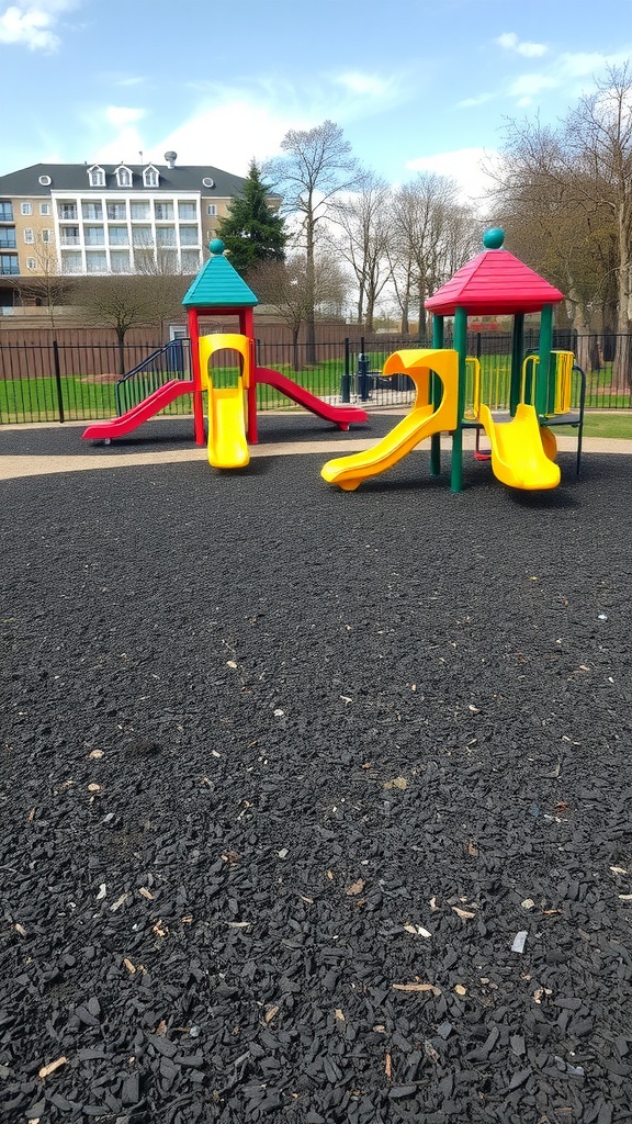 Children's playground with slides surrounded by black mulch.
