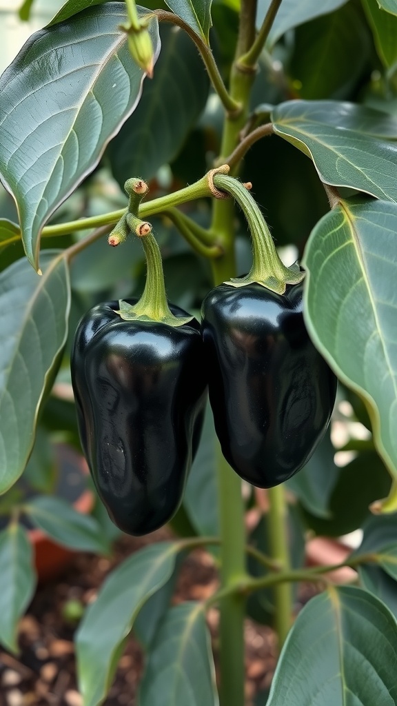 Close-up of Black Pearl Peppers growing on a plant with green leaves