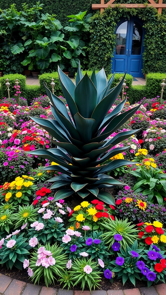 A striking black plant surrounded by colorful flowers in a garden
