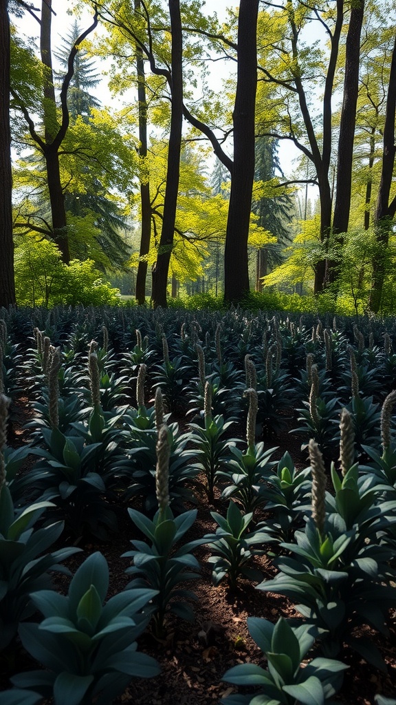 A shaded garden area with a variety of lush green plants and trees overhead.