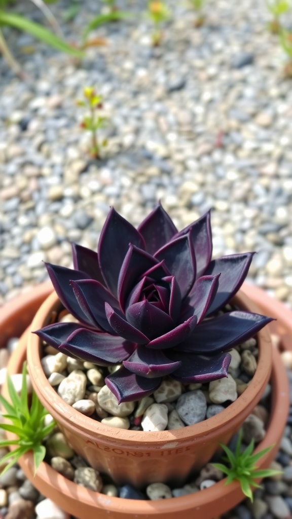 Black Prince succulent in a terracotta pot with pebbles