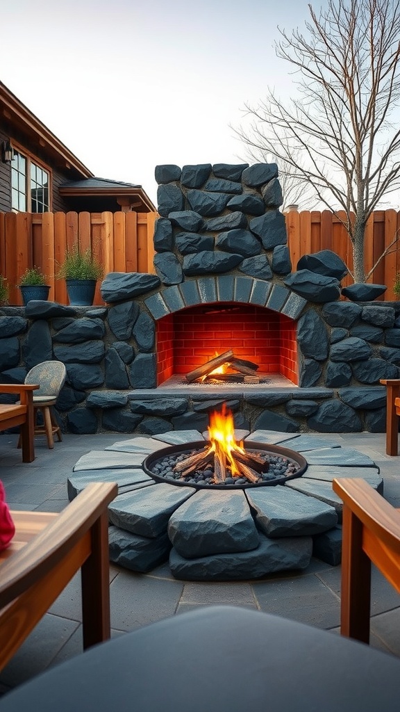 A black rock fireplace with a circular stone fire pit, surrounded by seating and potted plants.
