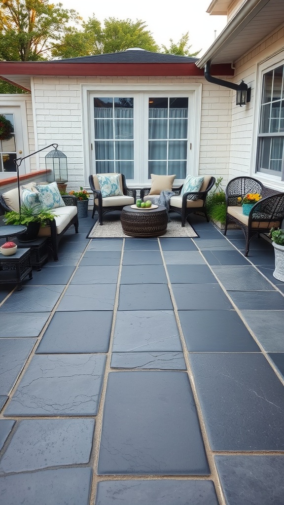Cozy patio with black rock flooring and comfortable seating