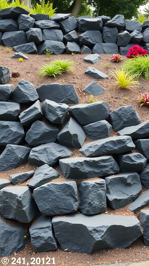 A landscaped area featuring a black rock retaining wall with colorful plants.