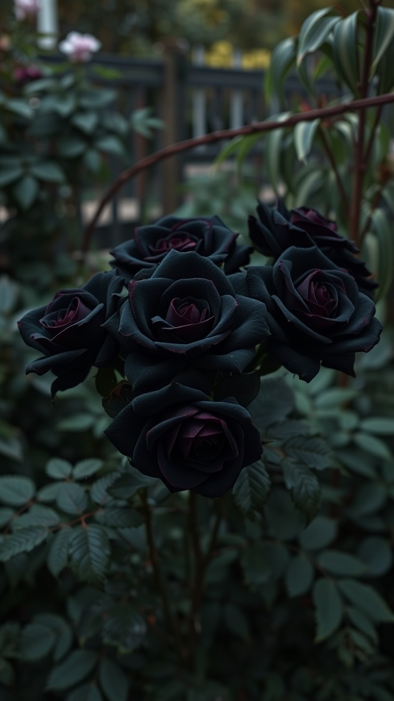 A cluster of black roses surrounded by green foliage, showcasing their rich color and elegance.