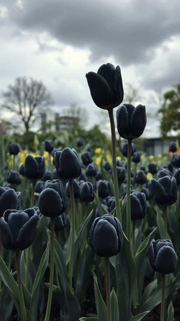 A field of dark black tulips under a cloudy sky.
