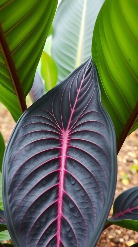 Close-up of a Black Velvet Alocasia leaf with silvery veins and surrounding green leaves.