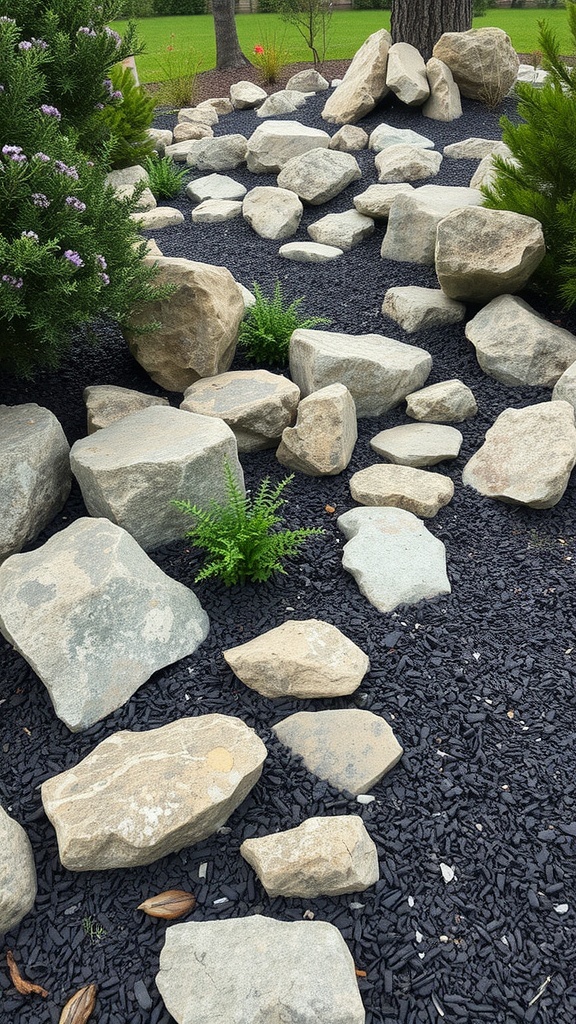 A landscaped area featuring natural stones and black mulch with some greenery.