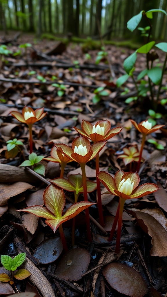 Bloodroot flowers emerging from the forest floor, showcasing their delicate white petals and reddish stems among fallen leaves.