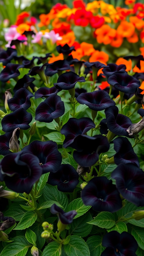 A vibrant garden displaying bold black petunias with colorful orange and pink flowers in the background.
