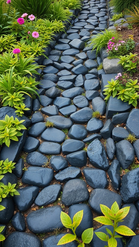 A garden pathway made of rounded black rocks surrounded by greenery and colorful flowers.