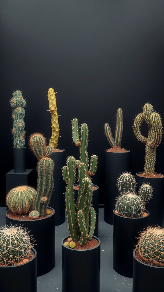 Cactus collection on black stands in a modern setting