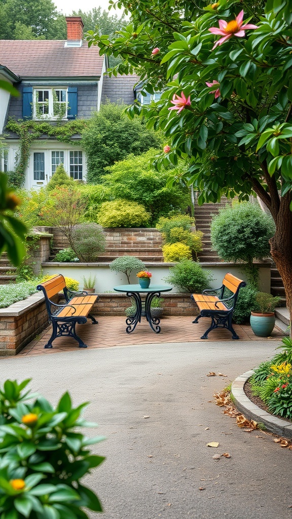 Cozy seating area with two benches and a small table in a driveway garden surrounded by greenery.