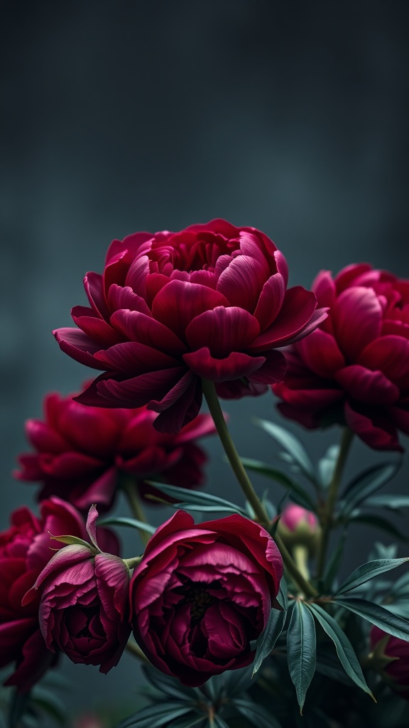 A close-up of burgundy peonies with lush petals against a dark background.