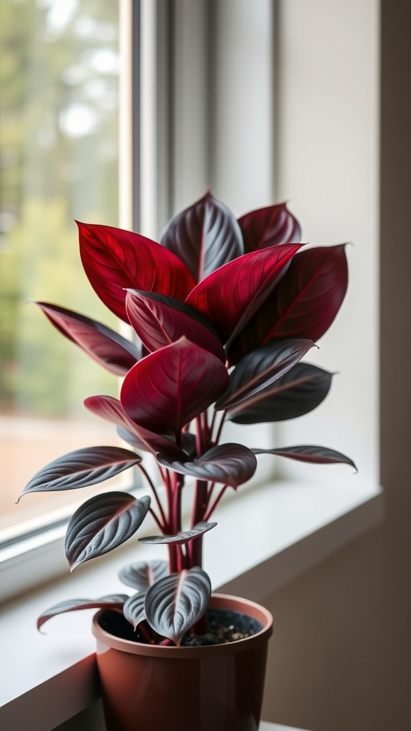 A Burgundy Rubber Plant with deep red and dark green leaves, sitting by a window