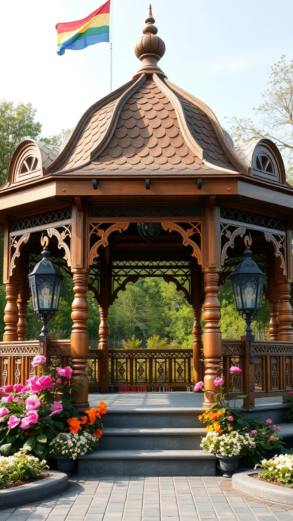 A Victorian gazebo surrounded by colorful flowers and a flag, showcasing intricate wooden design.
