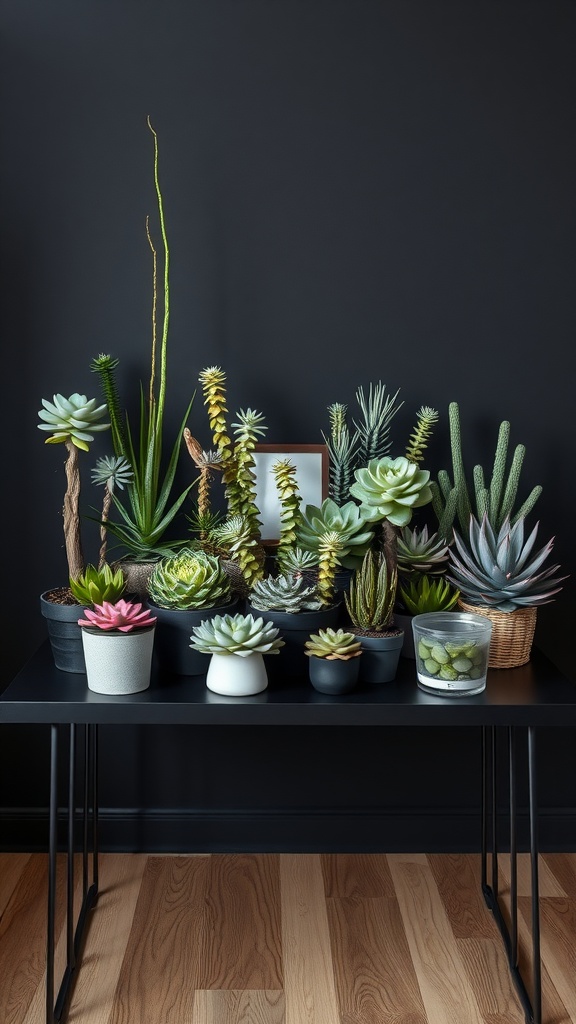 A modern succulent arrangement on a black table, showcasing various types of succulents in decorative pots.