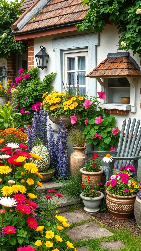 A colorful cottage garden filled with vibrant flowers and charming decorations.