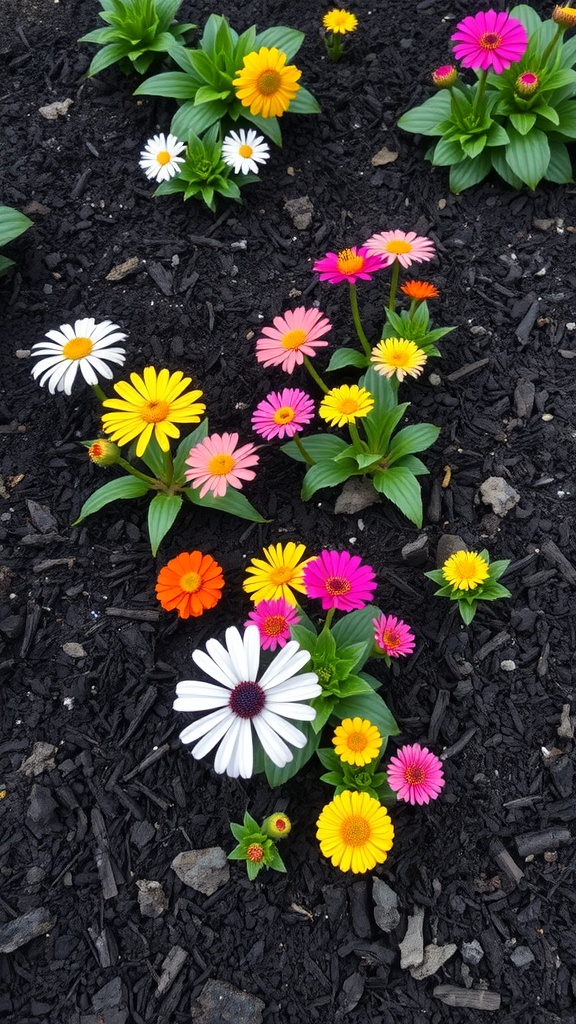 Colorful flowers including daisies and zinnias blooming in black mulch.