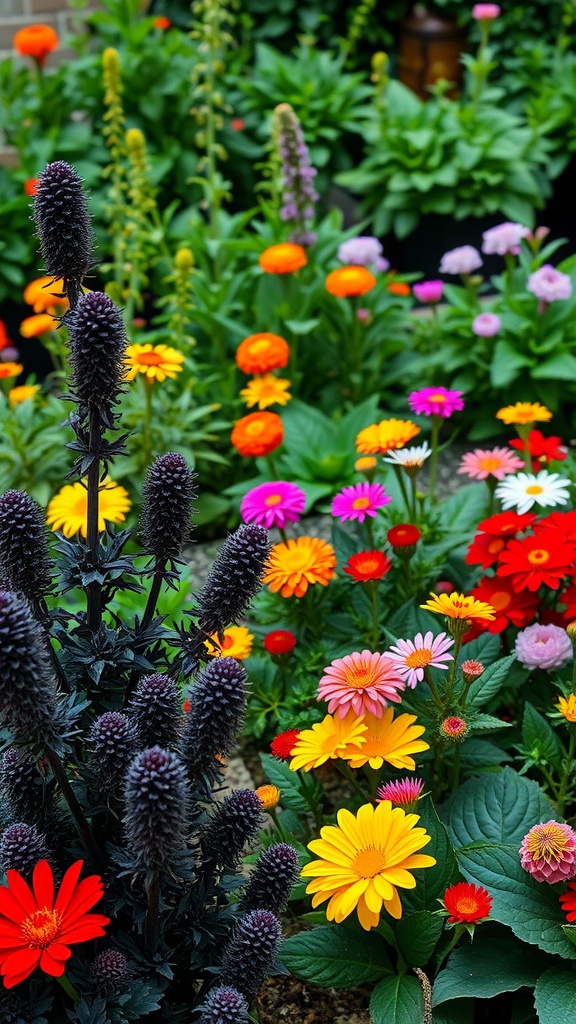 A colorful garden featuring vibrant flowers juxtaposed with dark plants.