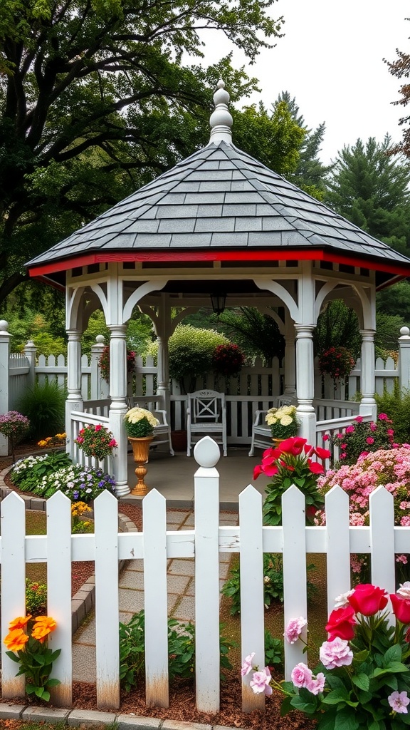 A beautiful cottage-style gazebo surrounded by colorful flower beds and a white picket fence.