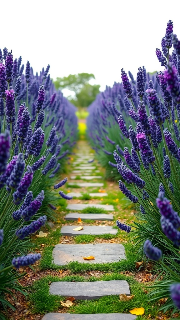 A stone pathway surrounded by blooming lavender plants.