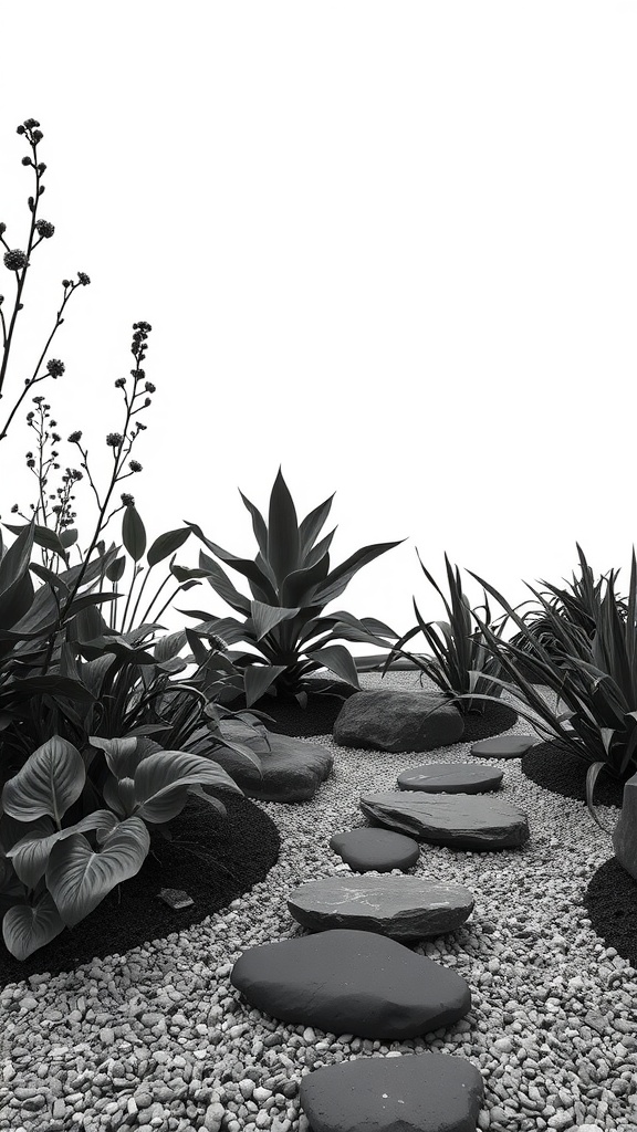 Black garden with stone path and dark foliage