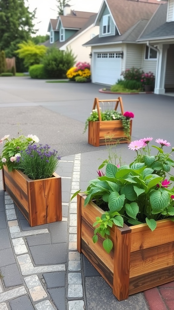 Wooden planters filled with flowers in a driveway garden