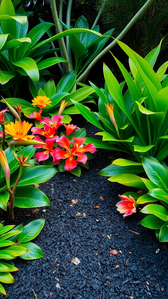 Tropical landscaping with vibrant flowers and black mulch.