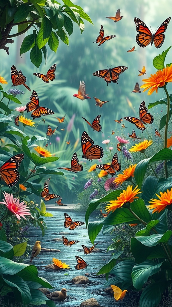 A vibrant rain garden filled with butterflies and colorful flowers, showcasing a lively wildlife habitat.