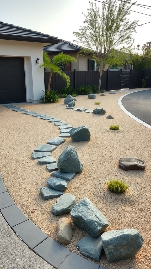 A serene Zen garden in a driveway with stones, gravel, and plants.
