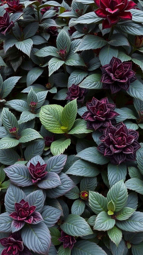 A close-up of diverse black plants with deep green and burgundy leaves creating depth and texture.