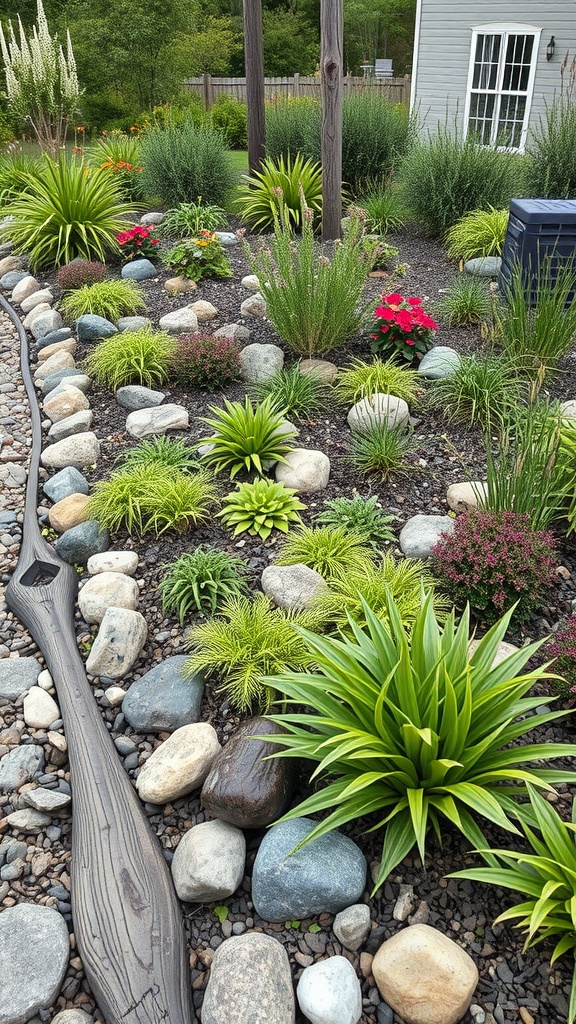 A well-designed rain garden featuring various plants, colorful flowers, and stones arranged creatively for effective water management.