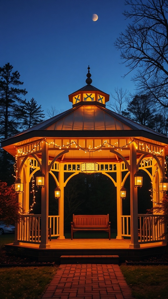 A beautifully lit gazebo at night with fairy lights and lanterns, creating a cozy atmosphere.
