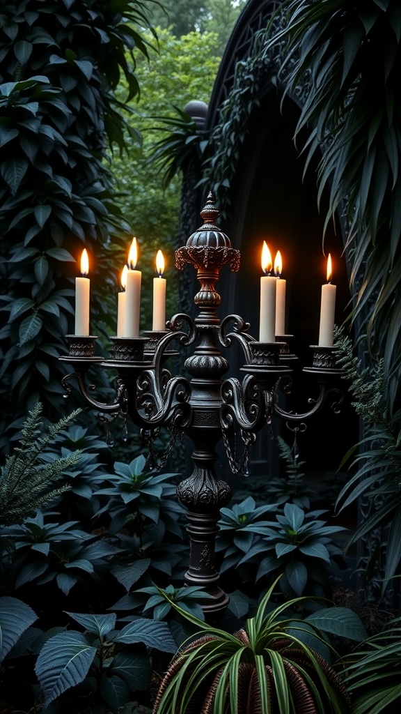 A gothic-style candelabra with flickering candles surrounded by dark green foliage in a garden.