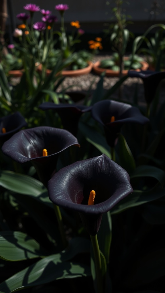 Dark calla lilies with yellow stamens in a garden