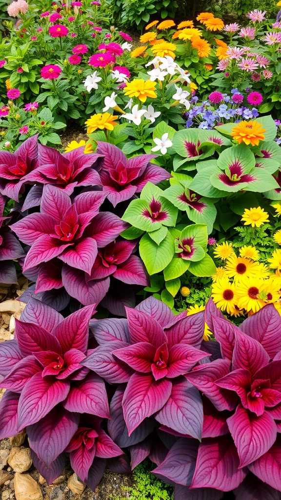 A garden featuring dark-leafed coleus plants surrounded by colorful flowers.