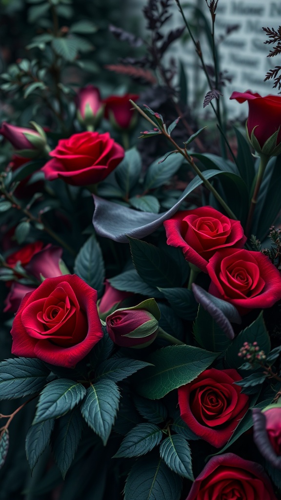 Dark floral arrangement featuring deep red roses and lush greenery.