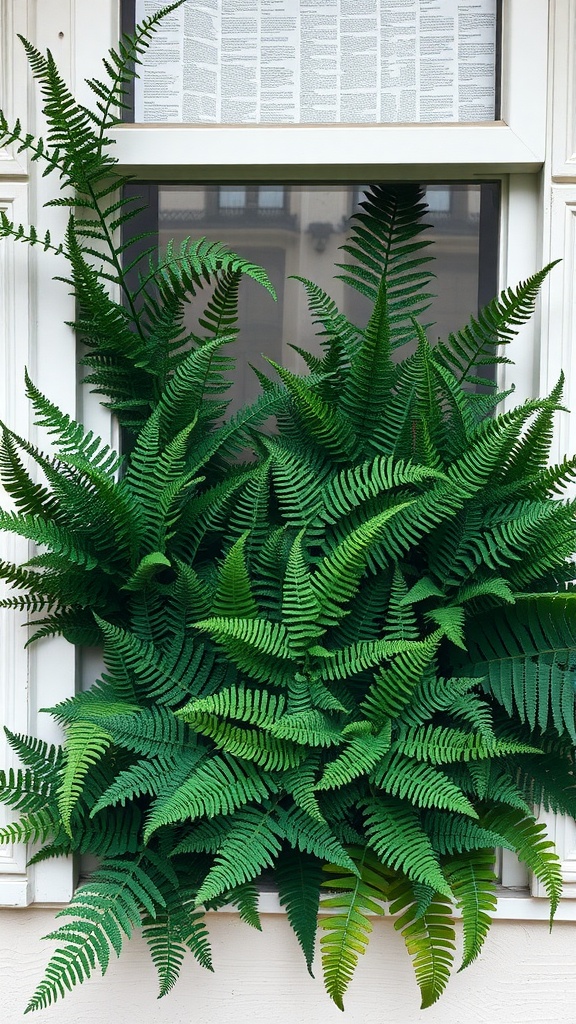 A window filled with lush green ferns spilling outward, creating a vibrant display.