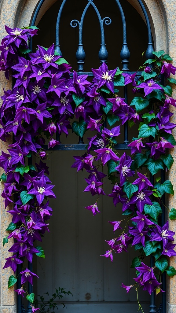 A vibrant display of dark purple clematis flowers climbing around a wrought iron gate