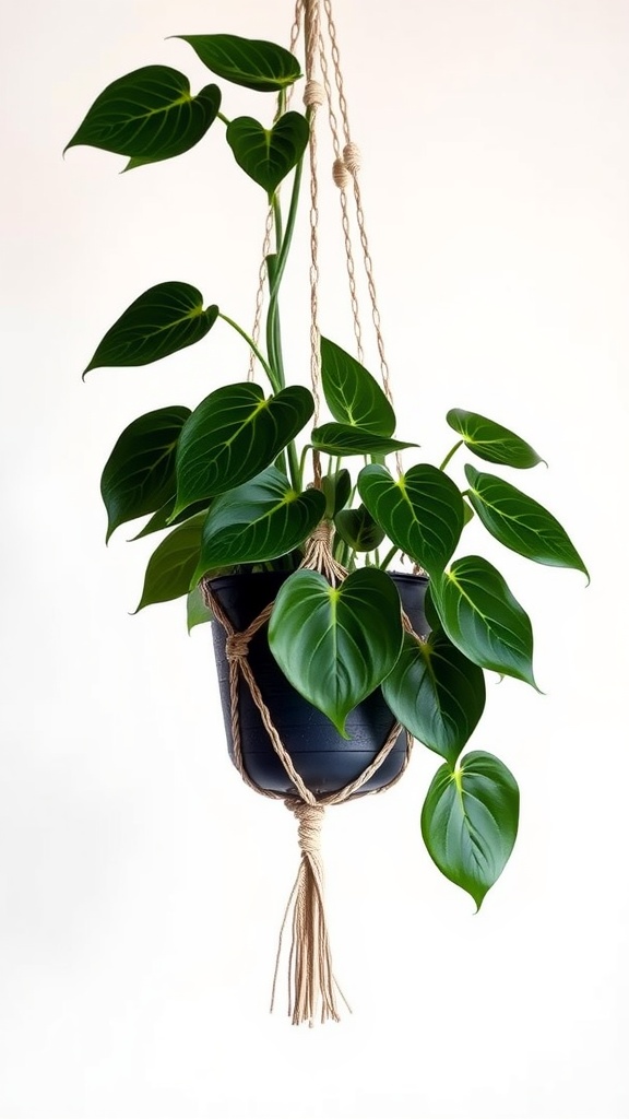 Dark Star Pothos plant hanging in a black pot with a macramé holder